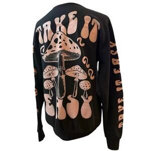Obsessive Love Mushroom Graphic Sweatshirt XS Black Long Sleeve Cottagecore